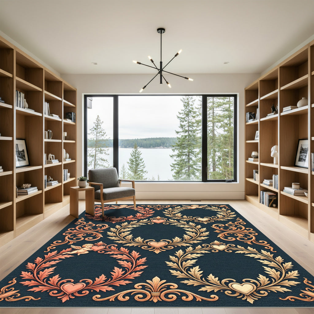 Cherubic Heart Floral Laurel Wreath Ornament Rug