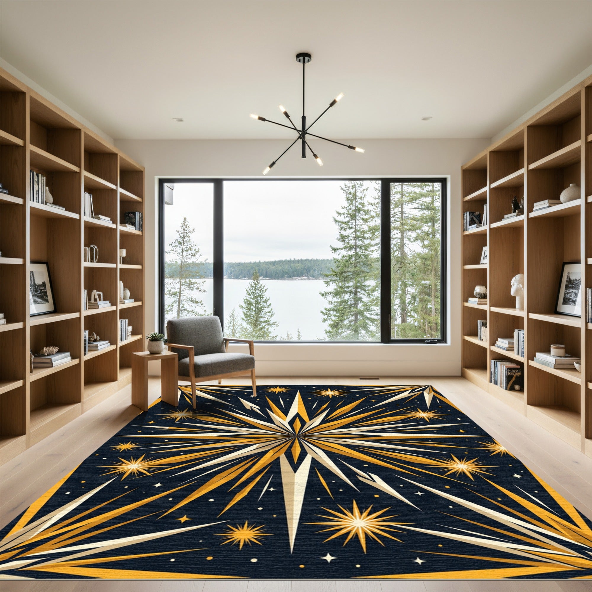 Golden Starburst Celestial Night Rug