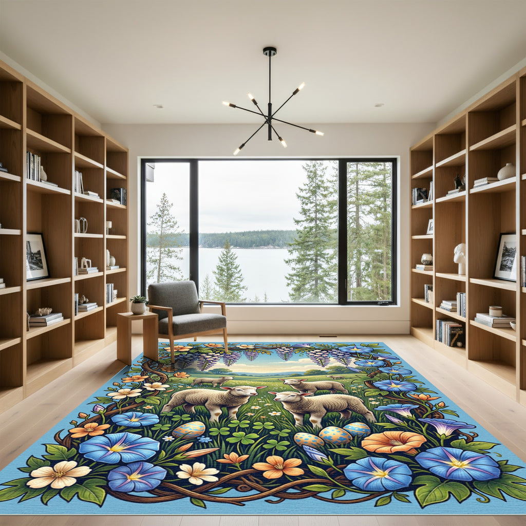 Pastoral Lambs in Floral Wisteria Meadow Rug