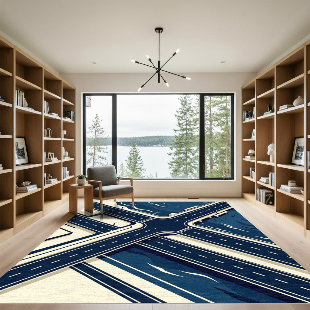 Modern Minimalist Isometric Urban Roadway Rug