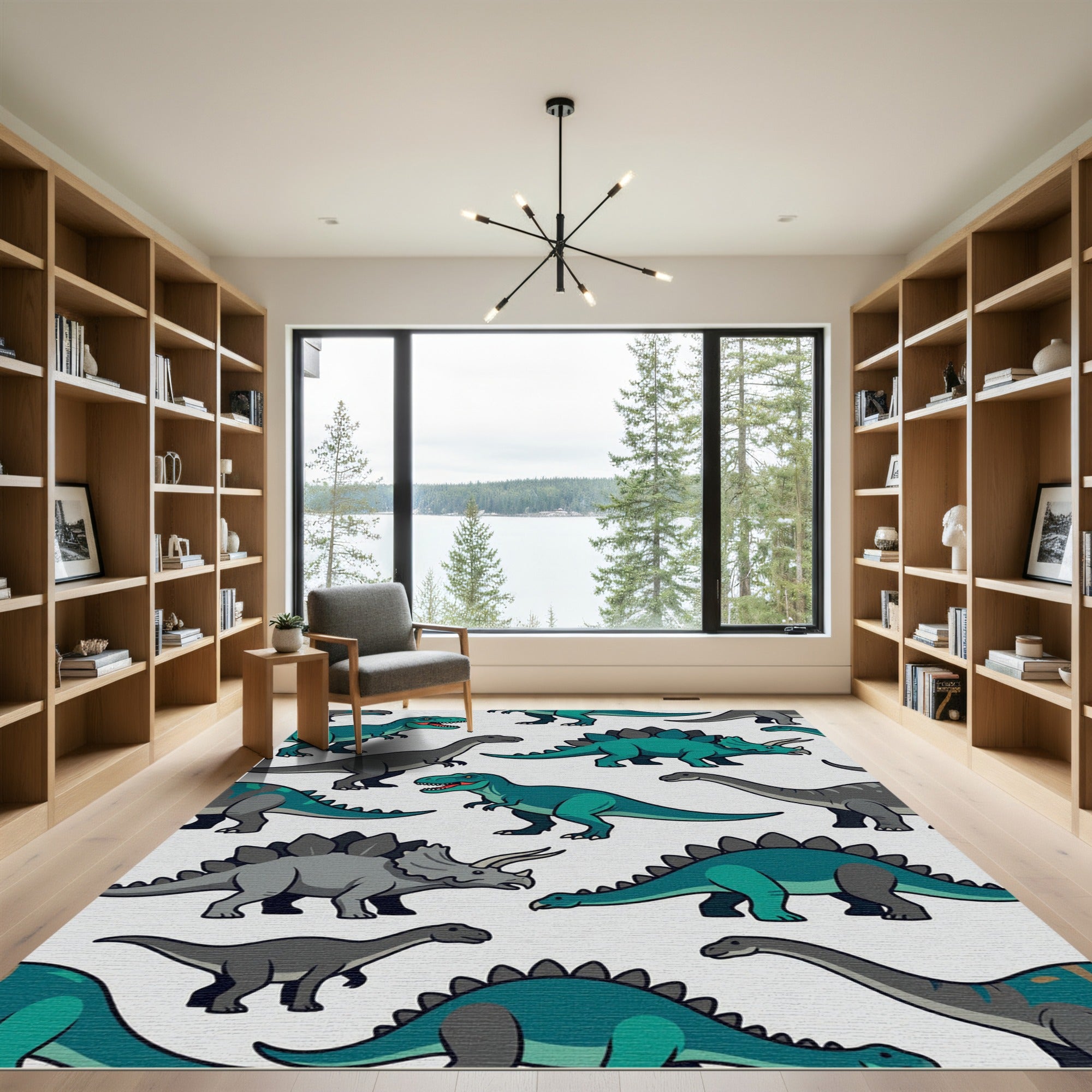 Playful Teal Gray Dinosaur Kids Rug