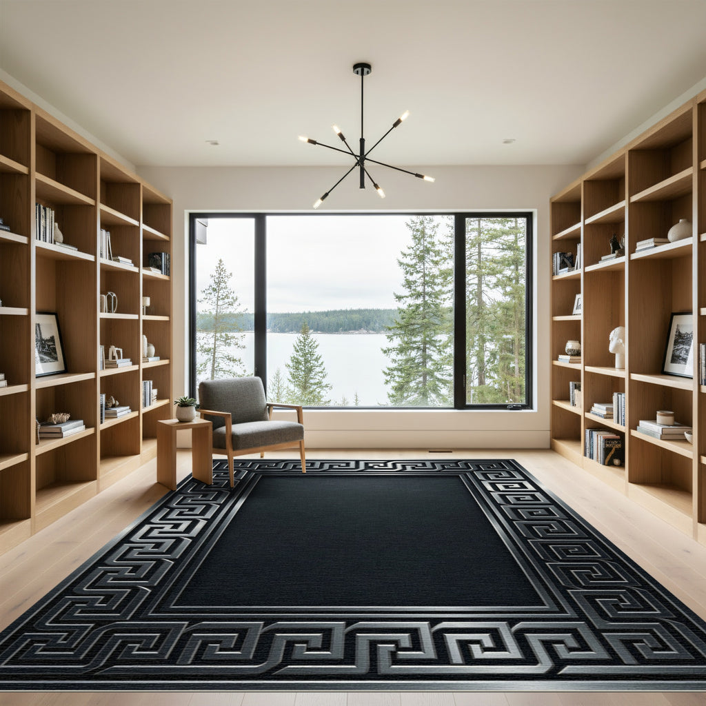Gray Geometric Greek Key Border Rug