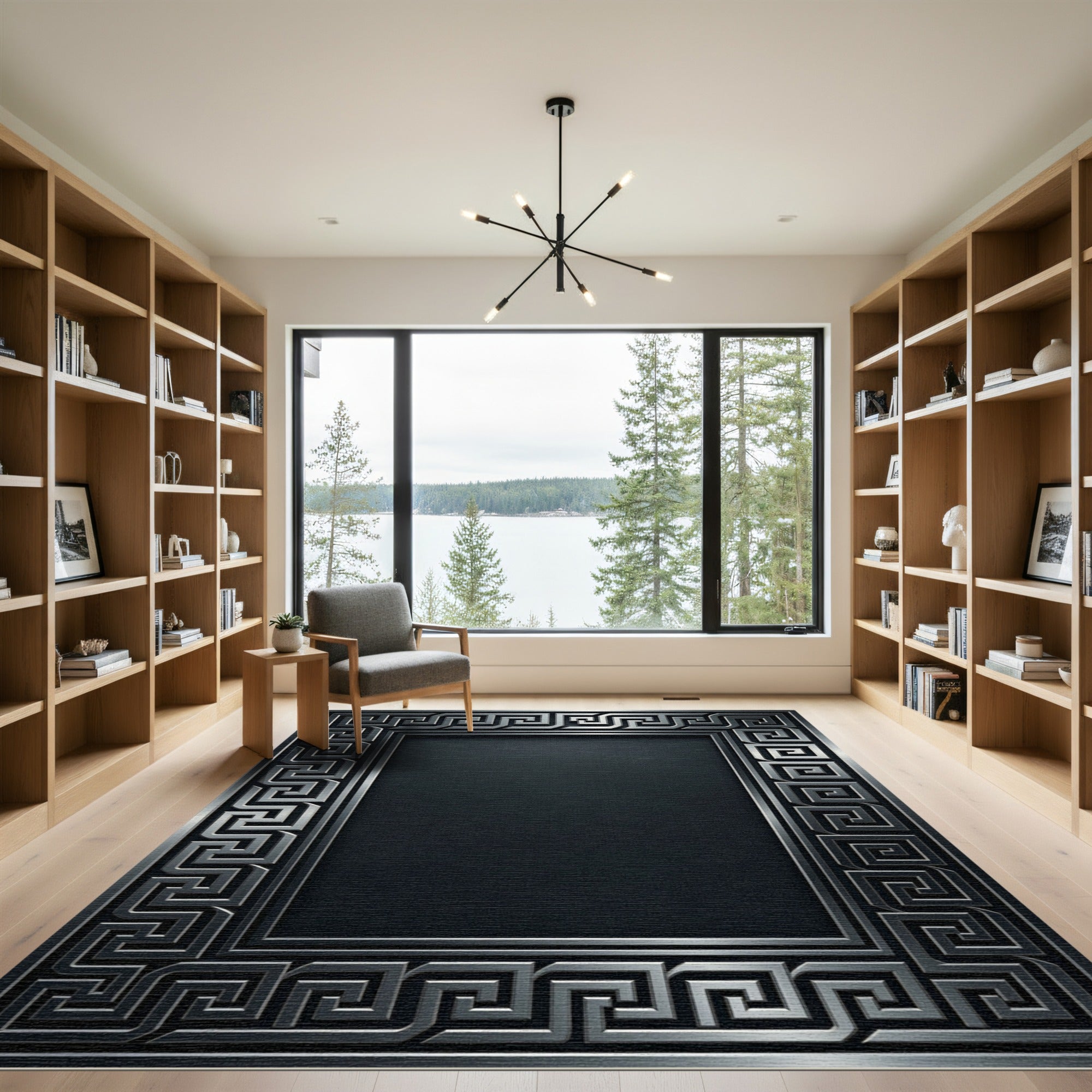 Gray Geometric Greek Key Border Rug