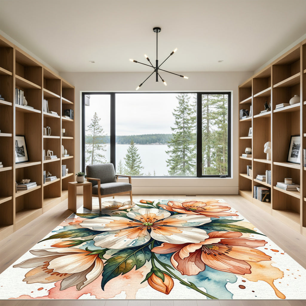 Watercolor Floral Sprig Peach and White Rug
