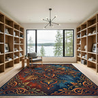 Rich Teal Orange Scrollwork Leaf Rug