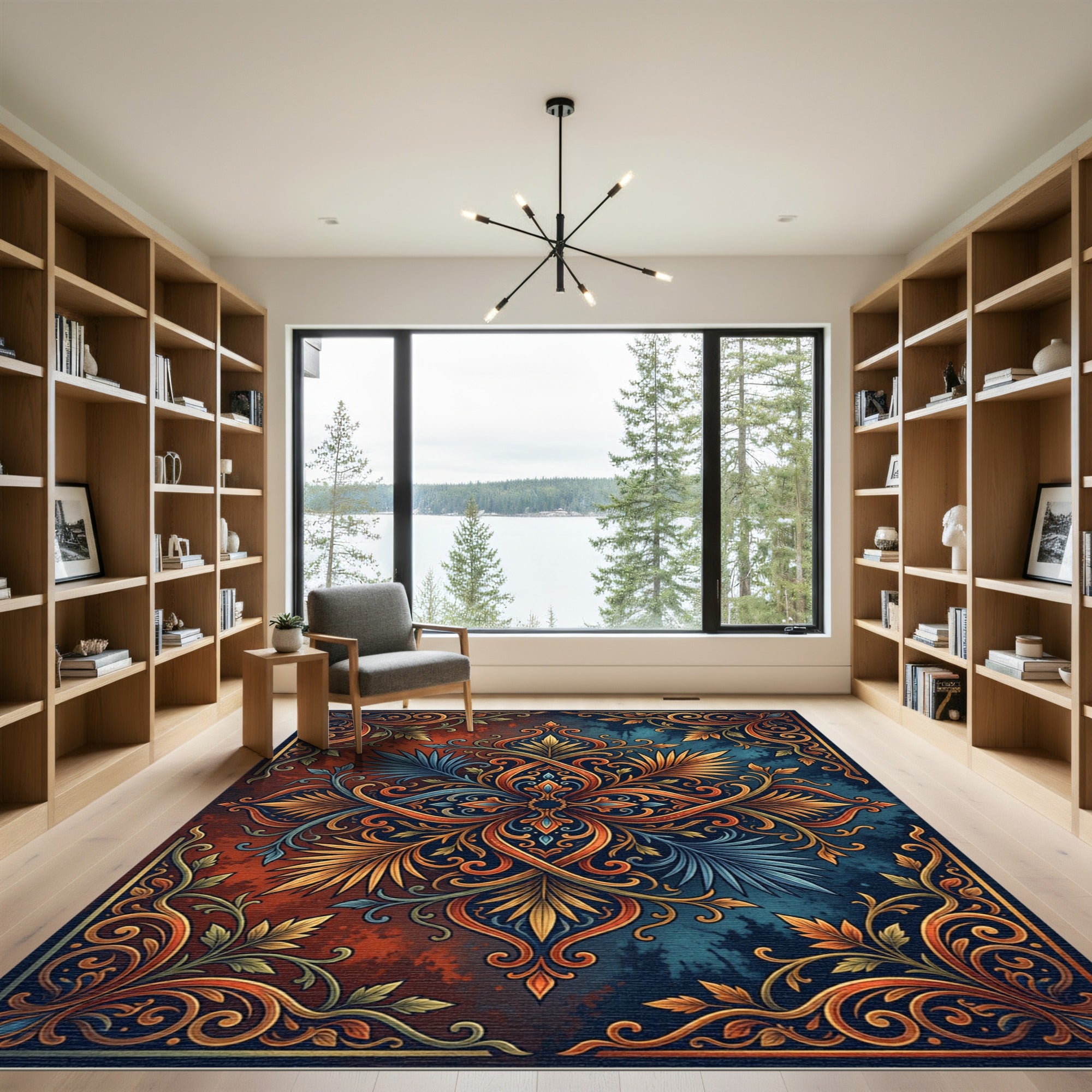 Rich Teal Orange Scrollwork Leaf Rug