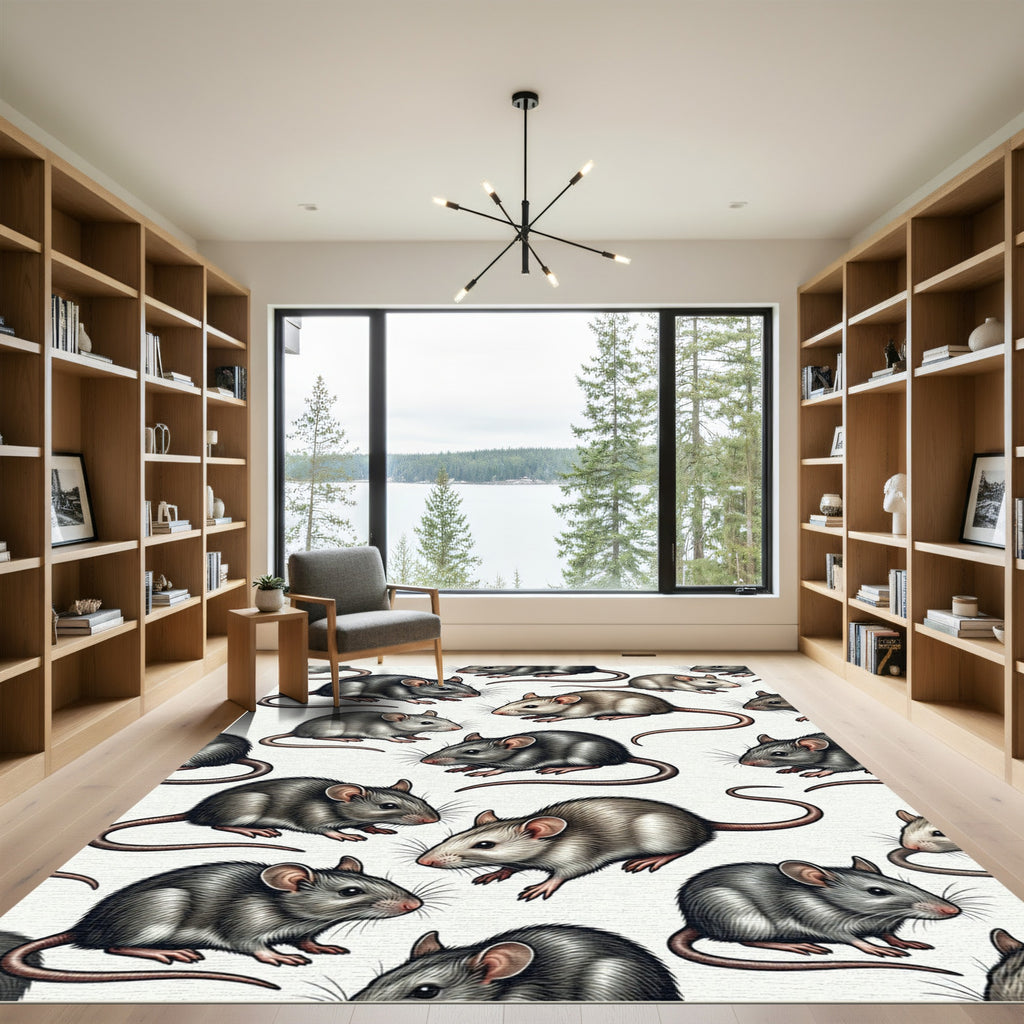 Whimsical Gray Mouse Field Illustration Rug