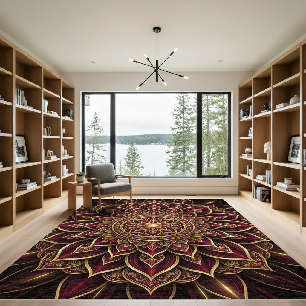 Crimson Gold Mandala Floral Rug