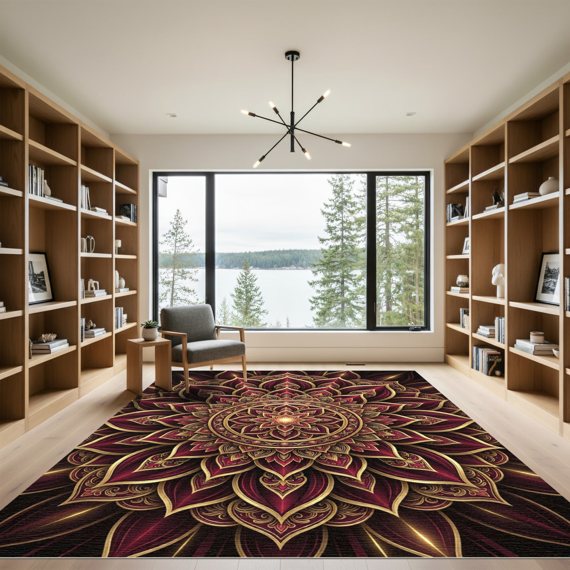 Crimson Gold Mandala Floral Rug