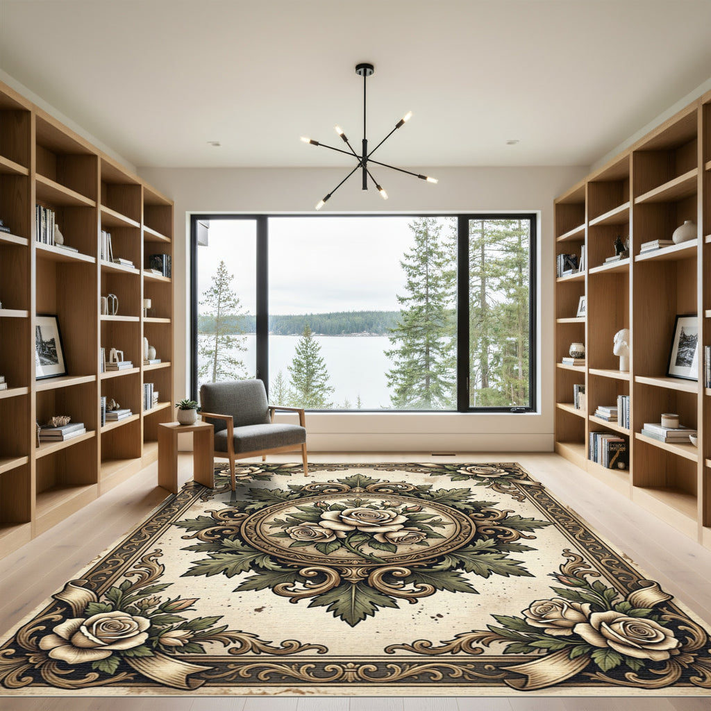 Antique Cream Rose Floral Medallion Rug