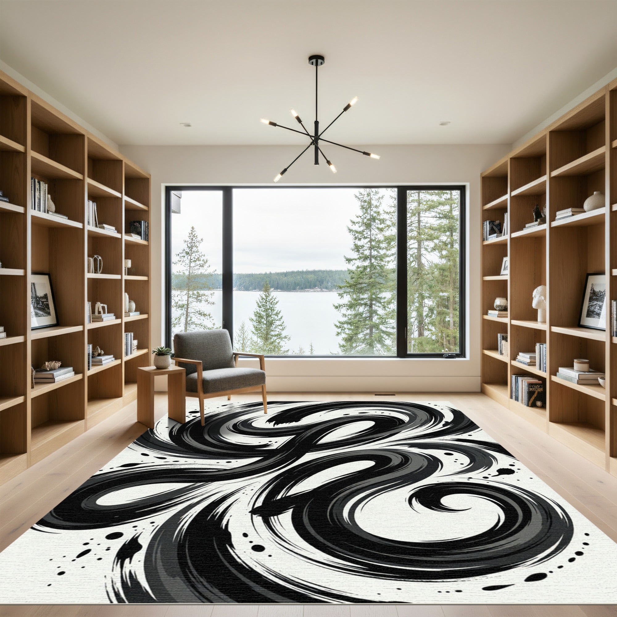Abstract Black Ink Swirl Rug