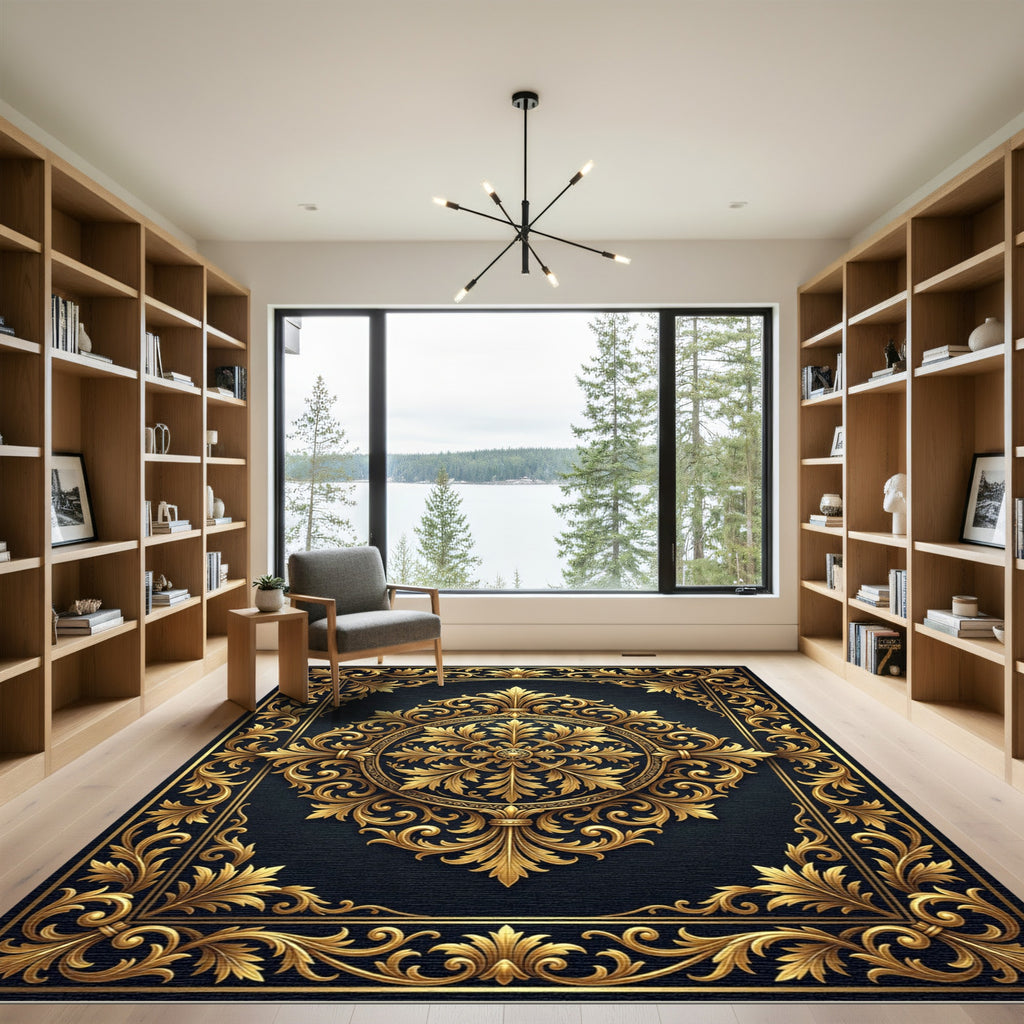 Ornate Golden Filigree Royal Medallion Rug