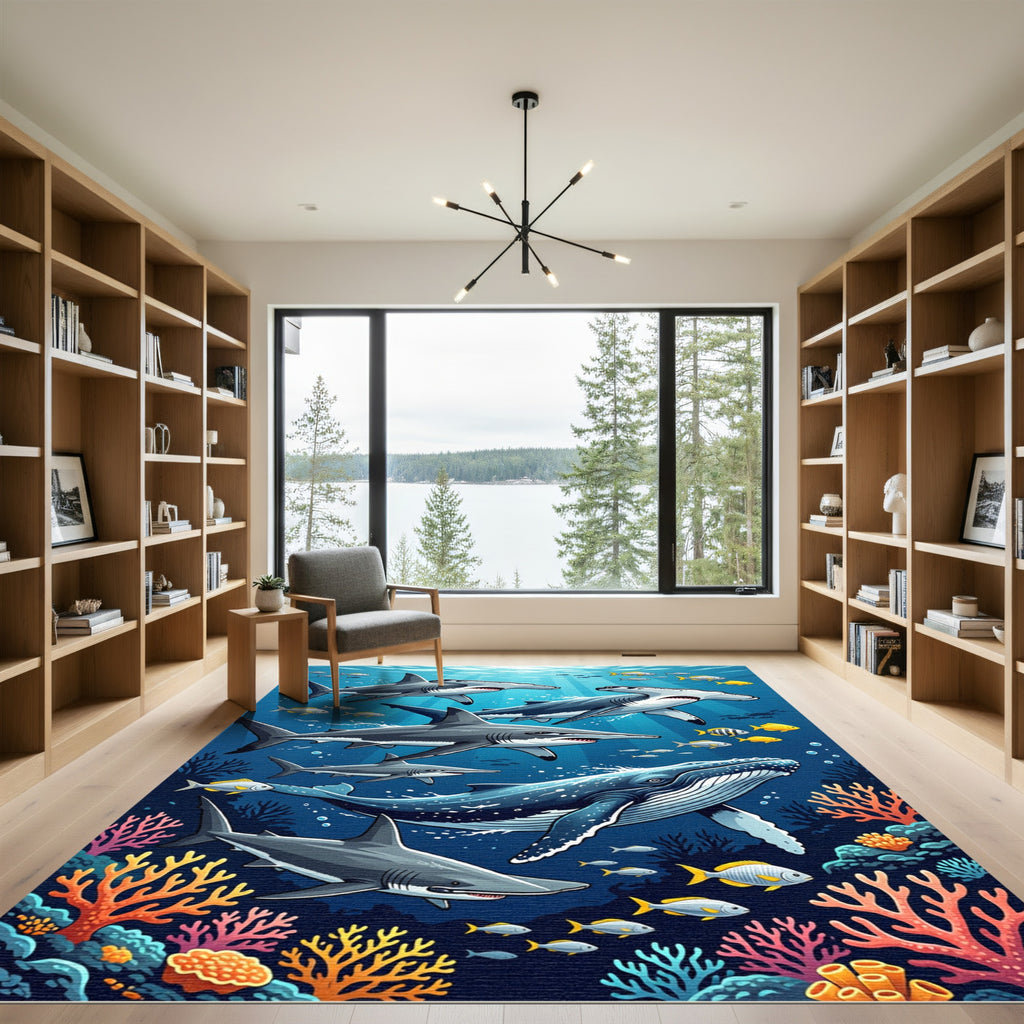 Vibrant Oceanic Hammerhead Shark Coral Scene Rug