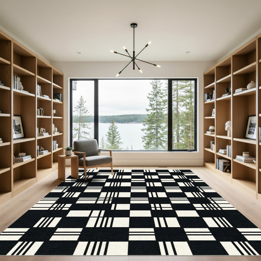 Modern Monochrome Grid Geometric Rug