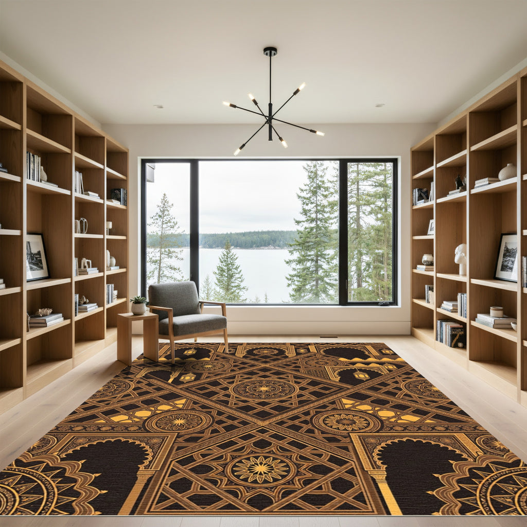Elegant Golden Geometric Lantern Medallion Rug