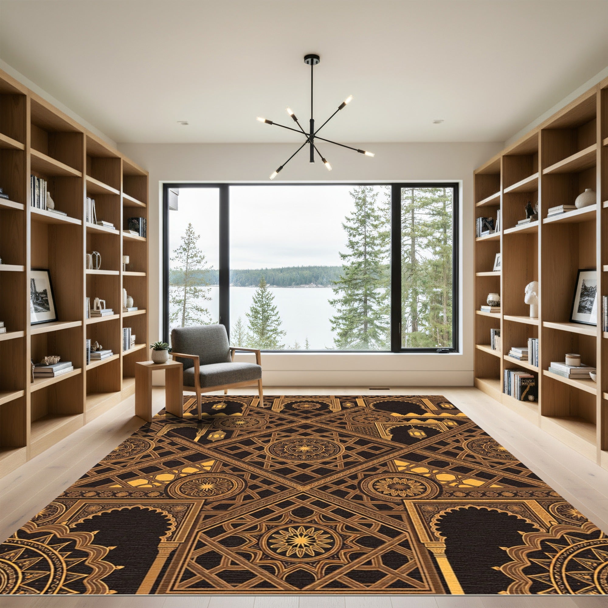 Elegant Golden Geometric Lantern Medallion Rug