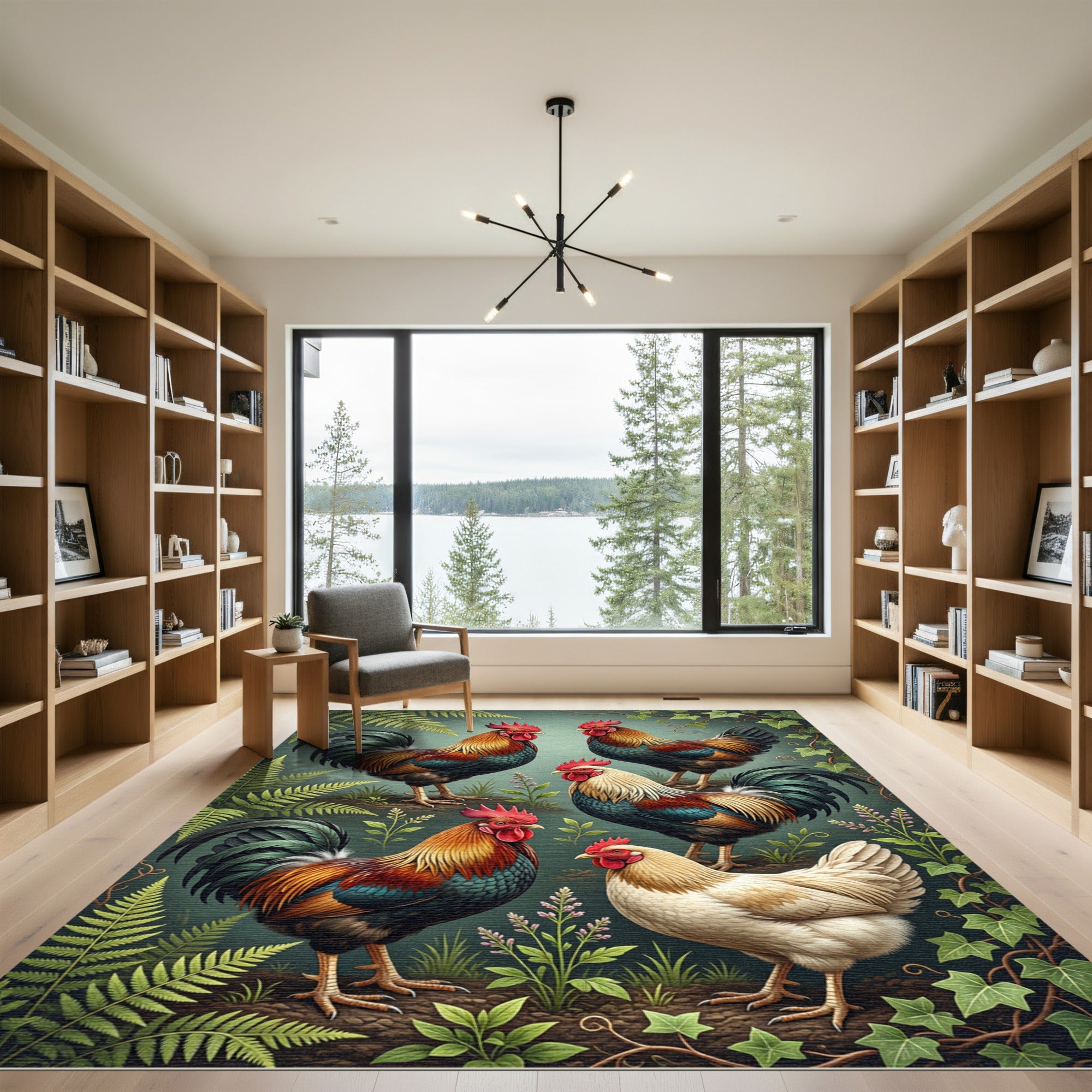 Vintage Ornate Rooster Garden Foliage Illustration Rug