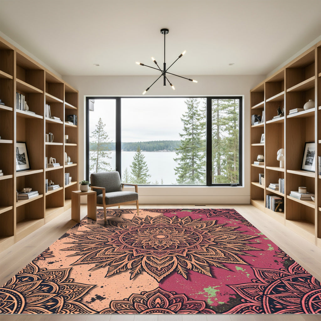 Ornate Peach and Burgundy Mandala Rug