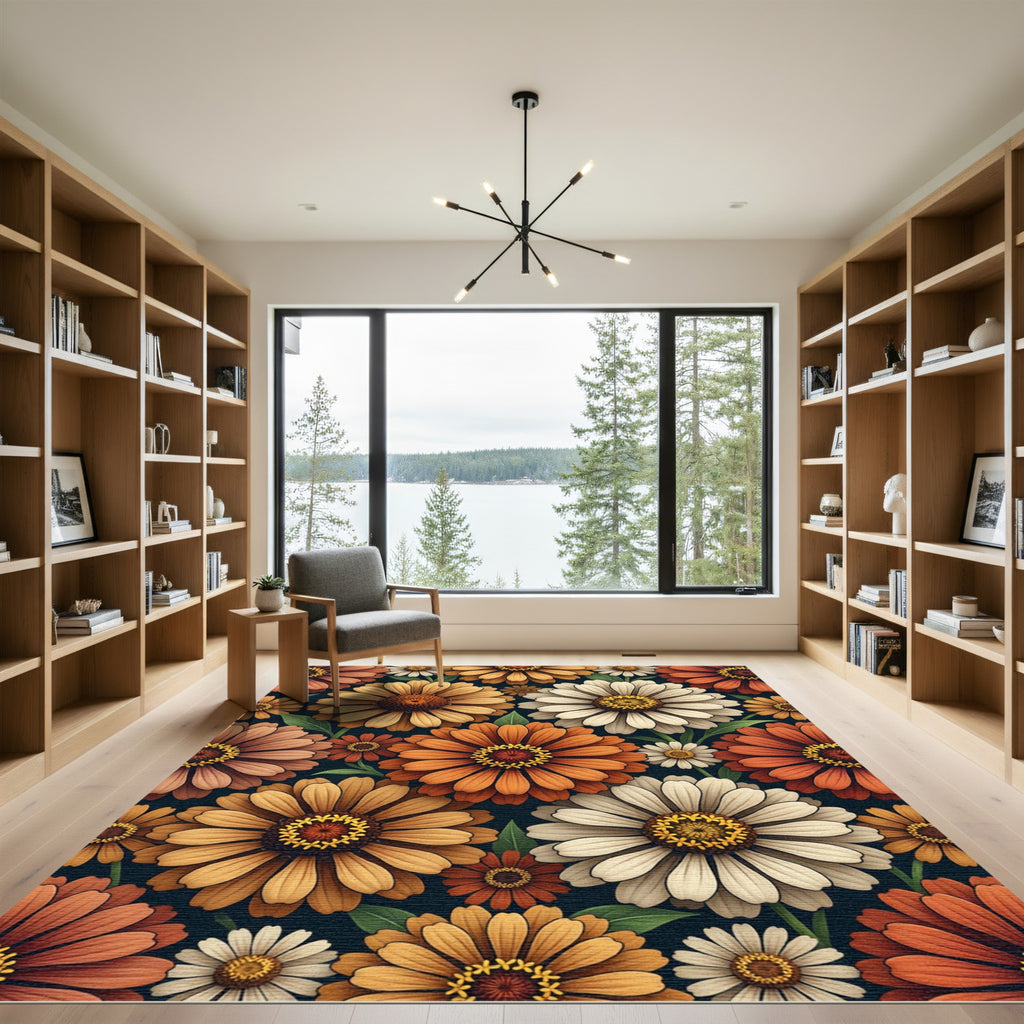 Earthy Orange and Cream Zinnia Floral Rug