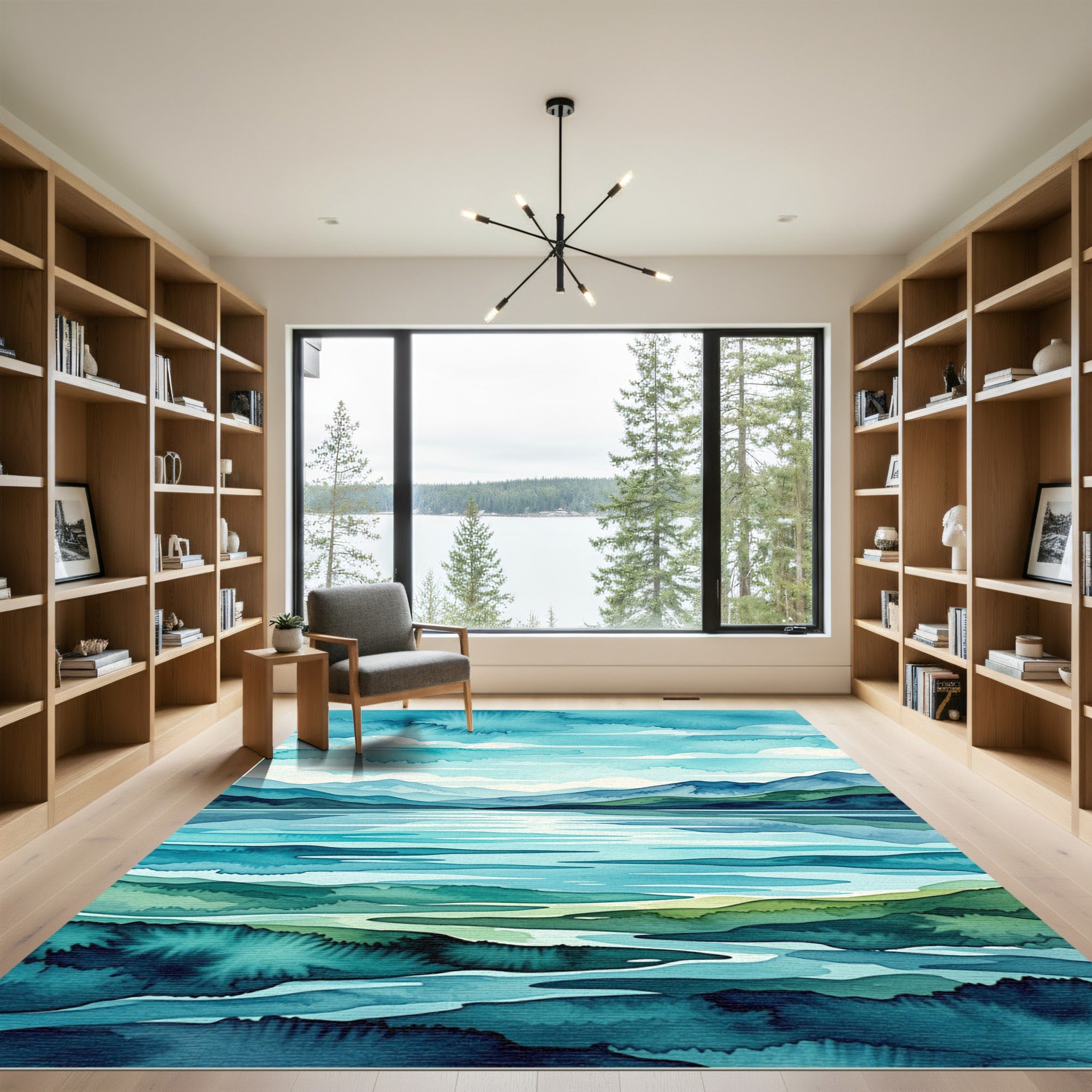 Watercolor Blue Mountain Lake Landscape Rug