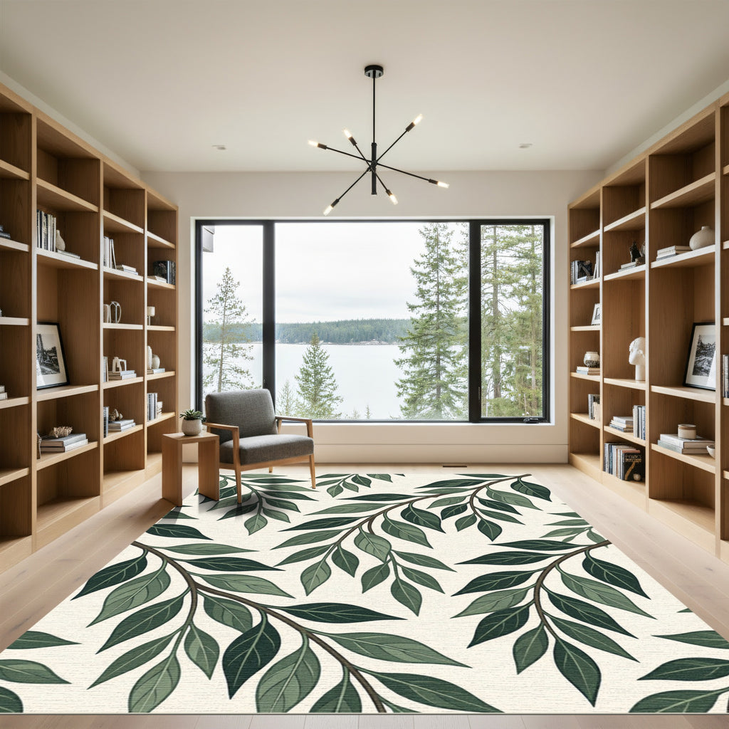 Deep Green Leafy Branch Overlay Rug