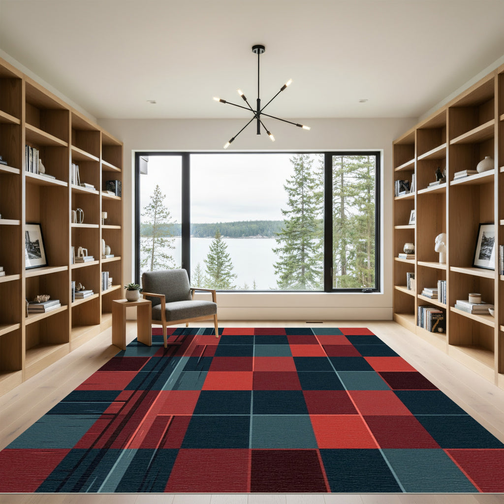 Modern Crimson and Navy Geometric Grid Rug