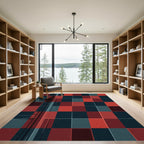 Modern Crimson and Navy Geometric Grid Rug