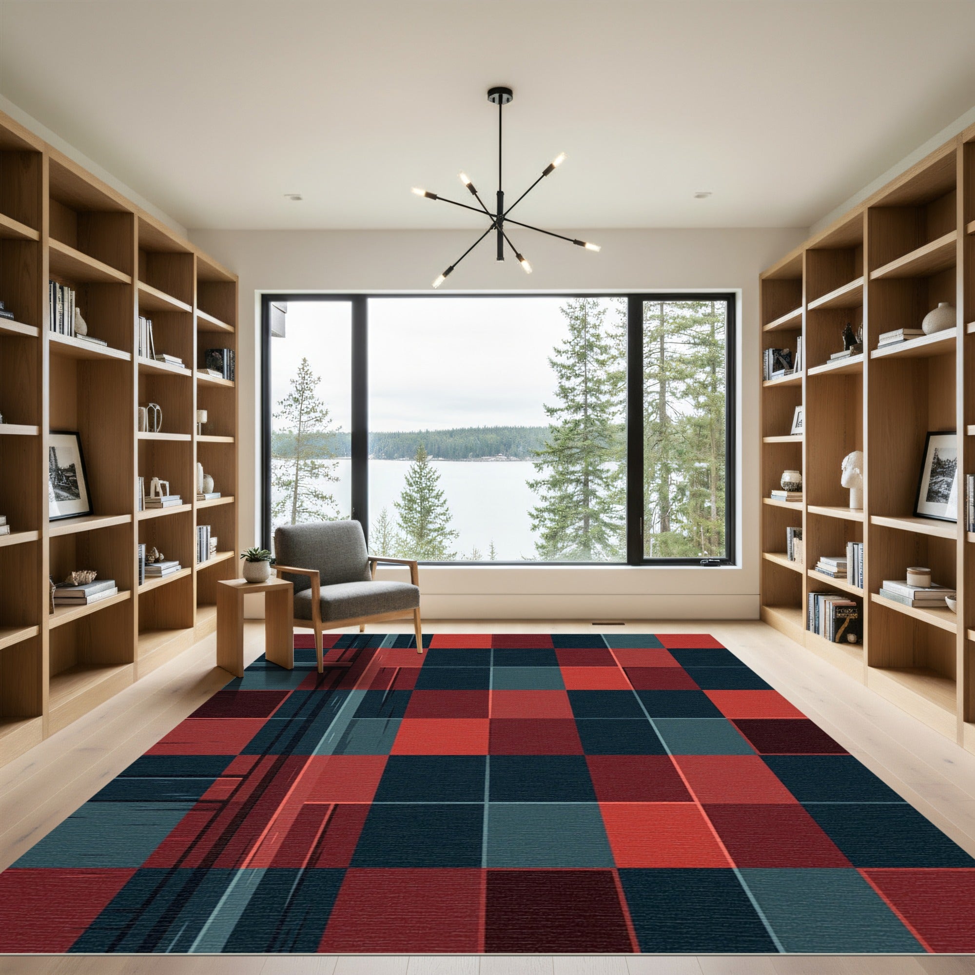 Modern Crimson and Navy Geometric Grid Rug