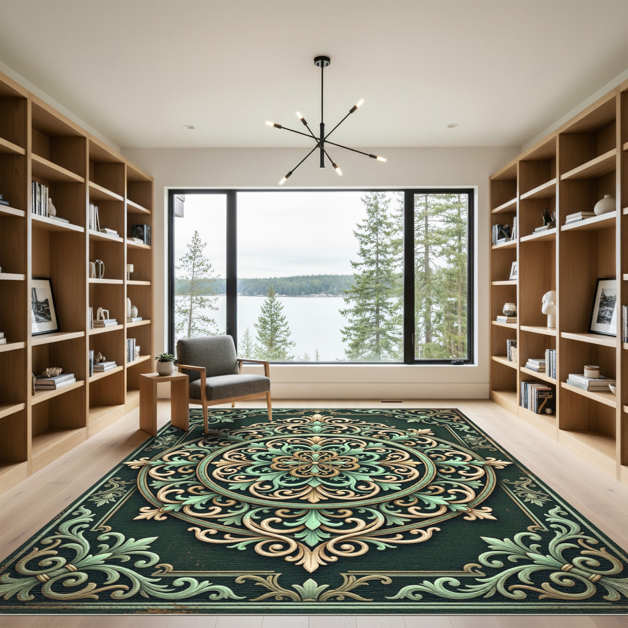 Dark Green Filigree Floral Medallion Rug