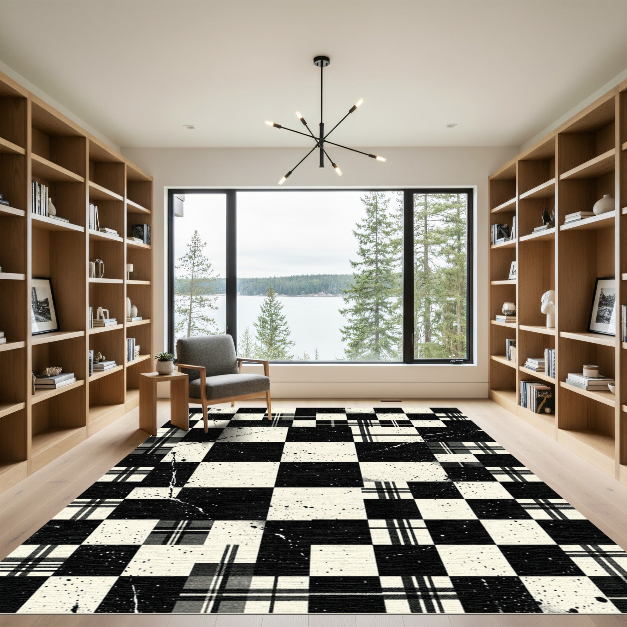 Monochromatic Plaid Checkerboard Splatter Rug