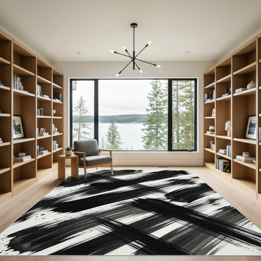 Bold Black Ink Brush Stroke Rug