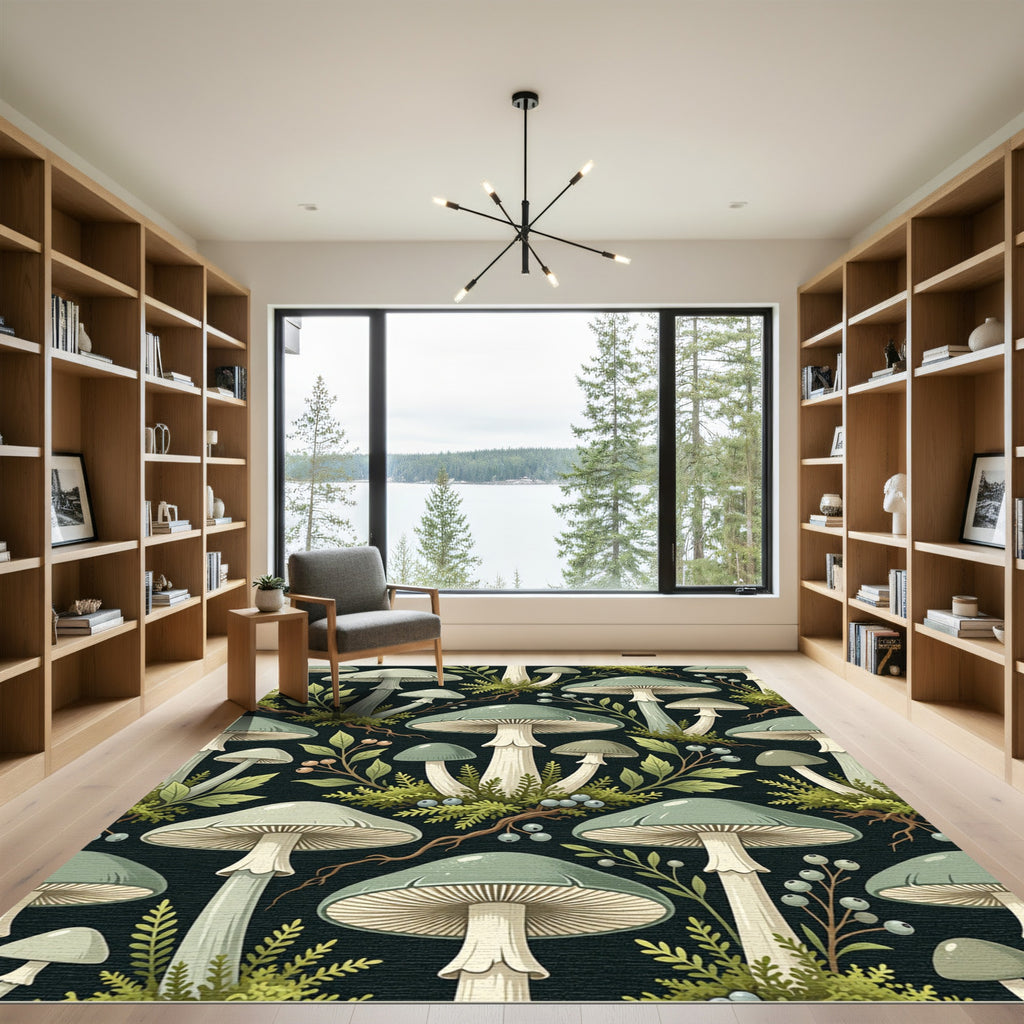 Sage Botanical Mushroom Woodland Forest Scene Rug