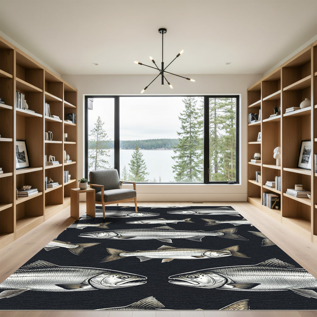 Minimalist Monochrome Salmon School Illustration Rug