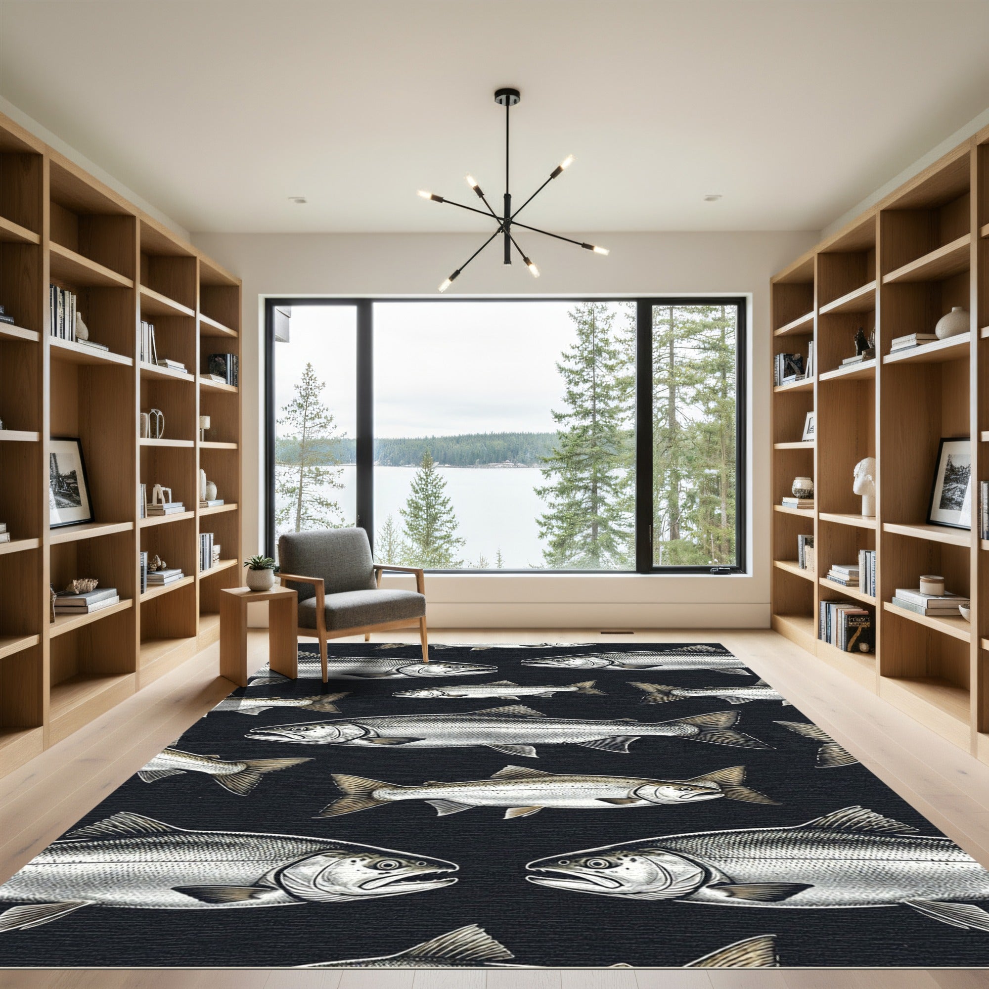 Minimalist Monochrome Salmon School Illustration Rug