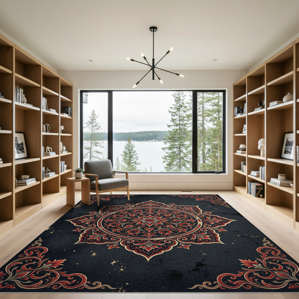 Midnight Crimson Floral Medallion Rug