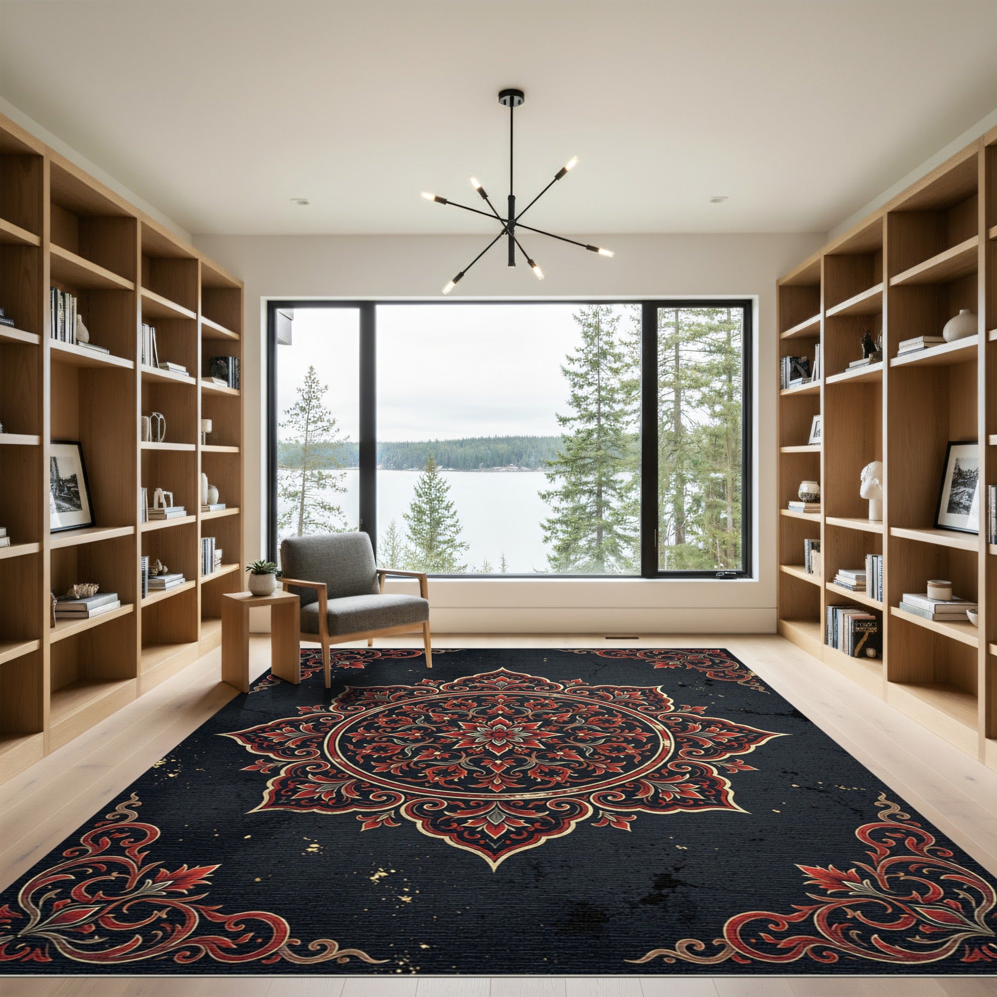 Midnight Crimson Floral Medallion Rug