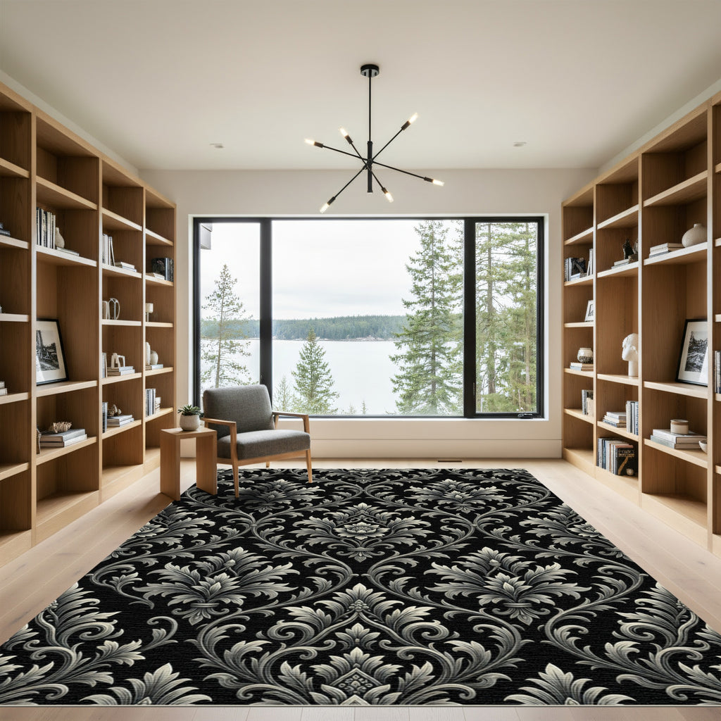 Ornate Black And Gray Damask Scroll Rug