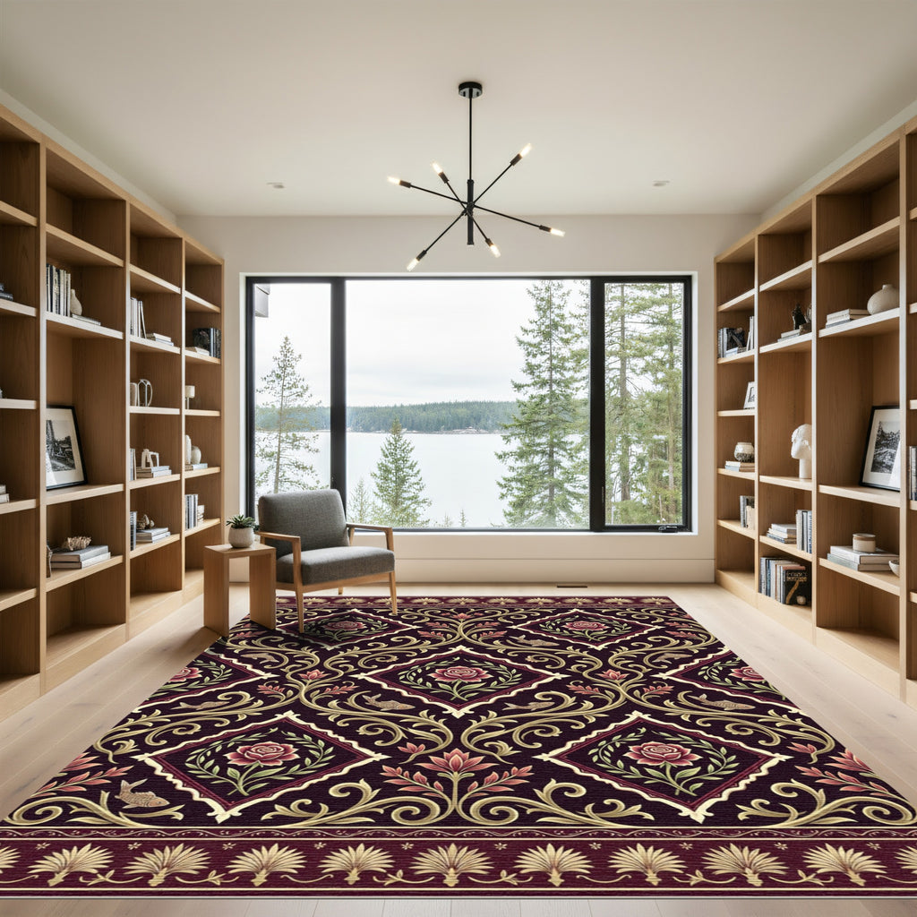 Deep Red Floral Medallion Fish Rug