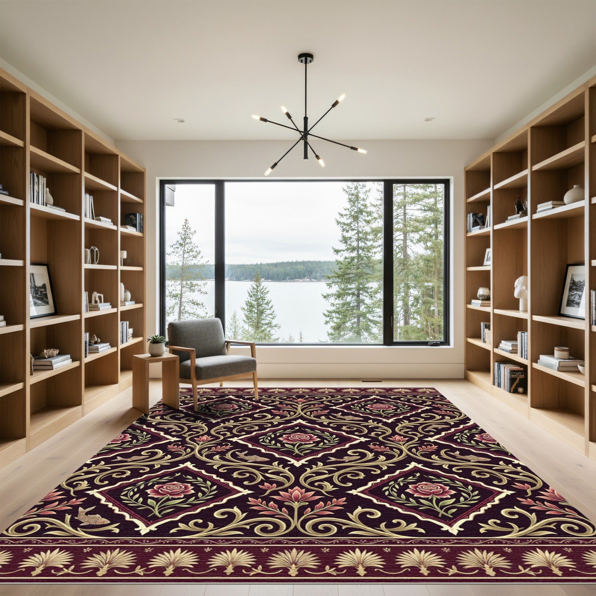 Deep Red Floral Medallion Fish Rug