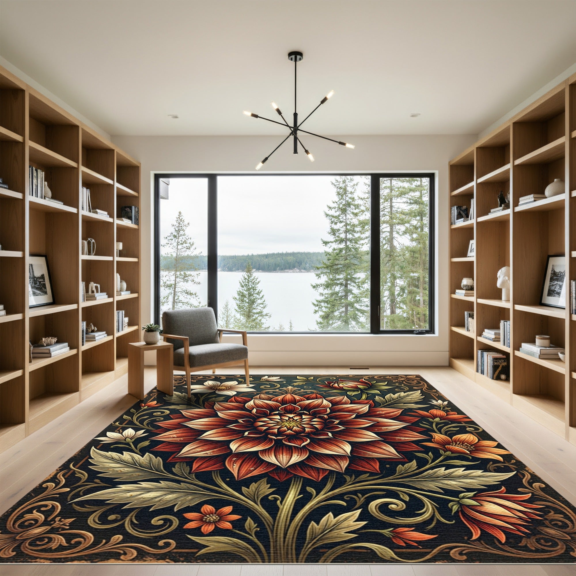 Elegant Crimson Dahlia Floral Botanical Area Rug