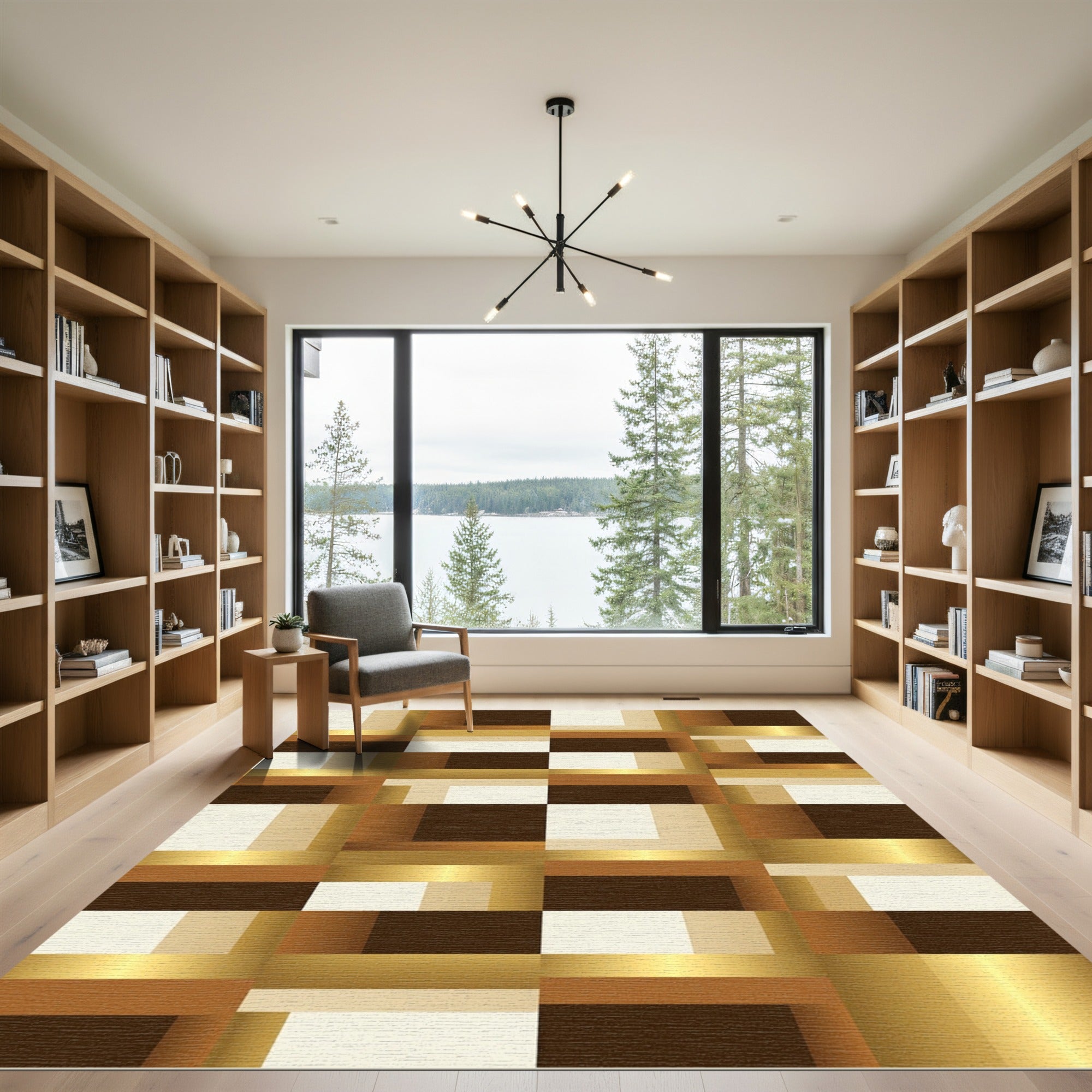 Metallic Brown and Cream Geometric Grid Rug