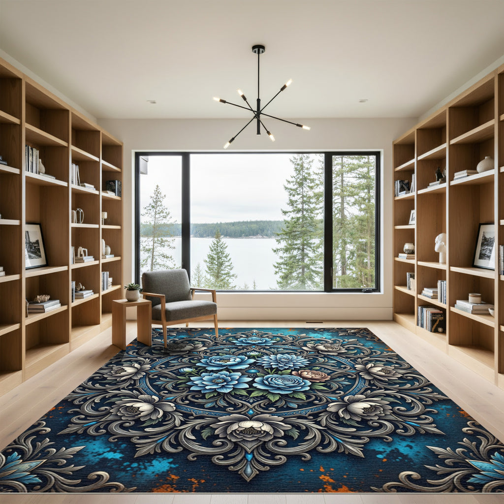 Ornate Blue Floral Damask Medallion Rug
