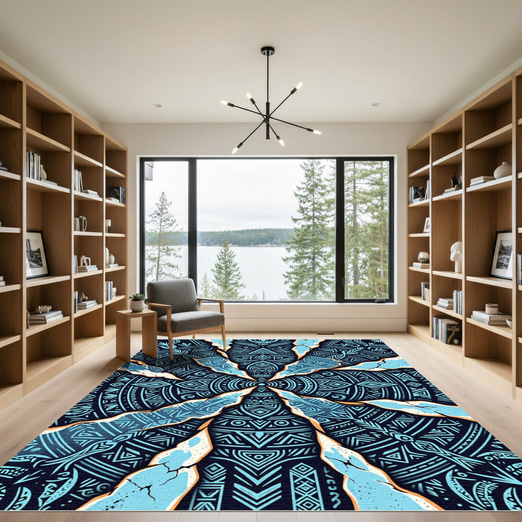 Electric Blue Geometric Cracked Mandala Rug