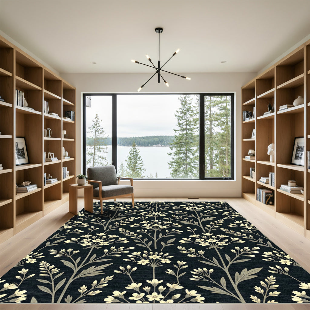 Cream Blossom Branch Dark Background Rug