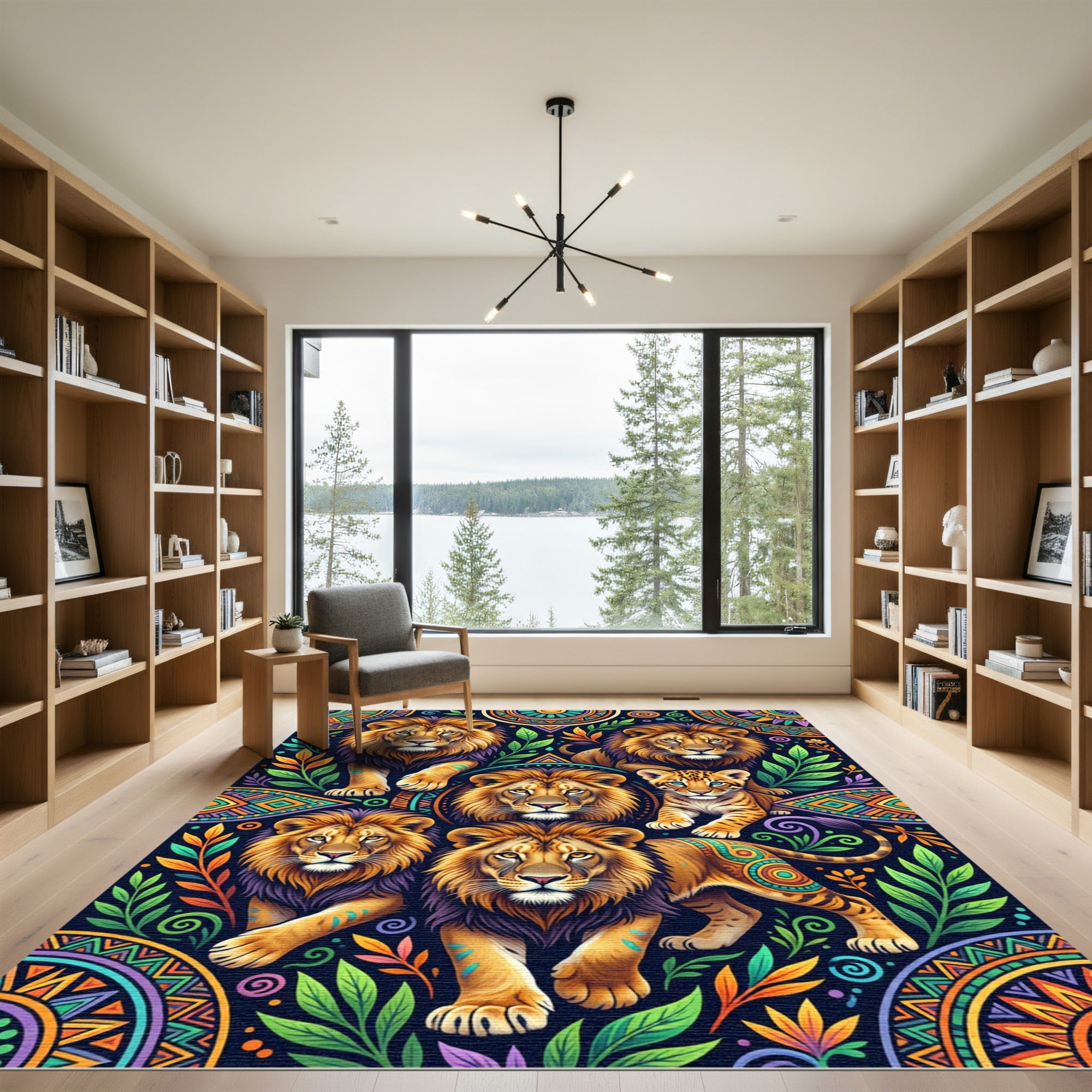 Vibrant Lion Jungle Mandala Tribal Art Rug