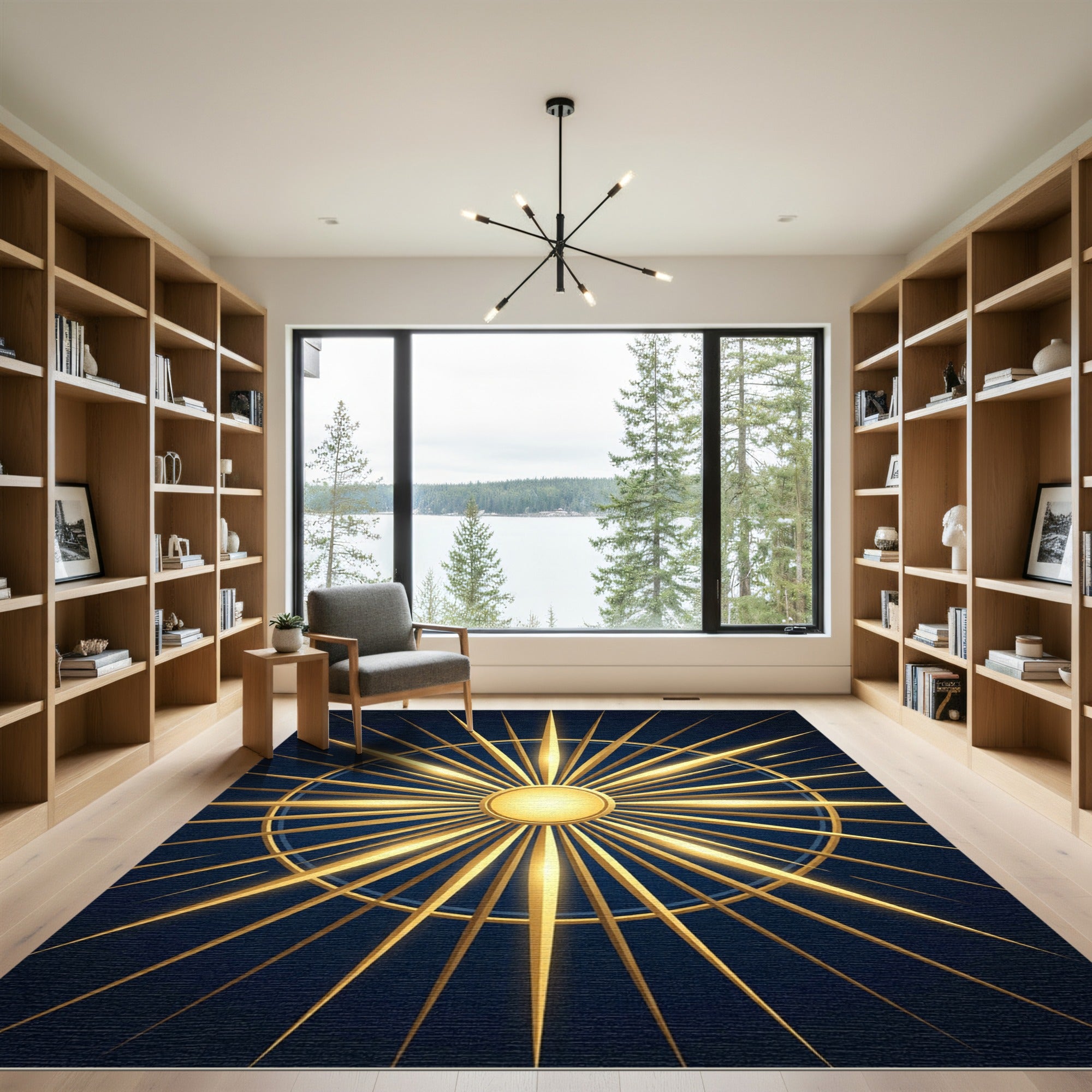 Radiant Golden Celestial Sunburst Art Rug