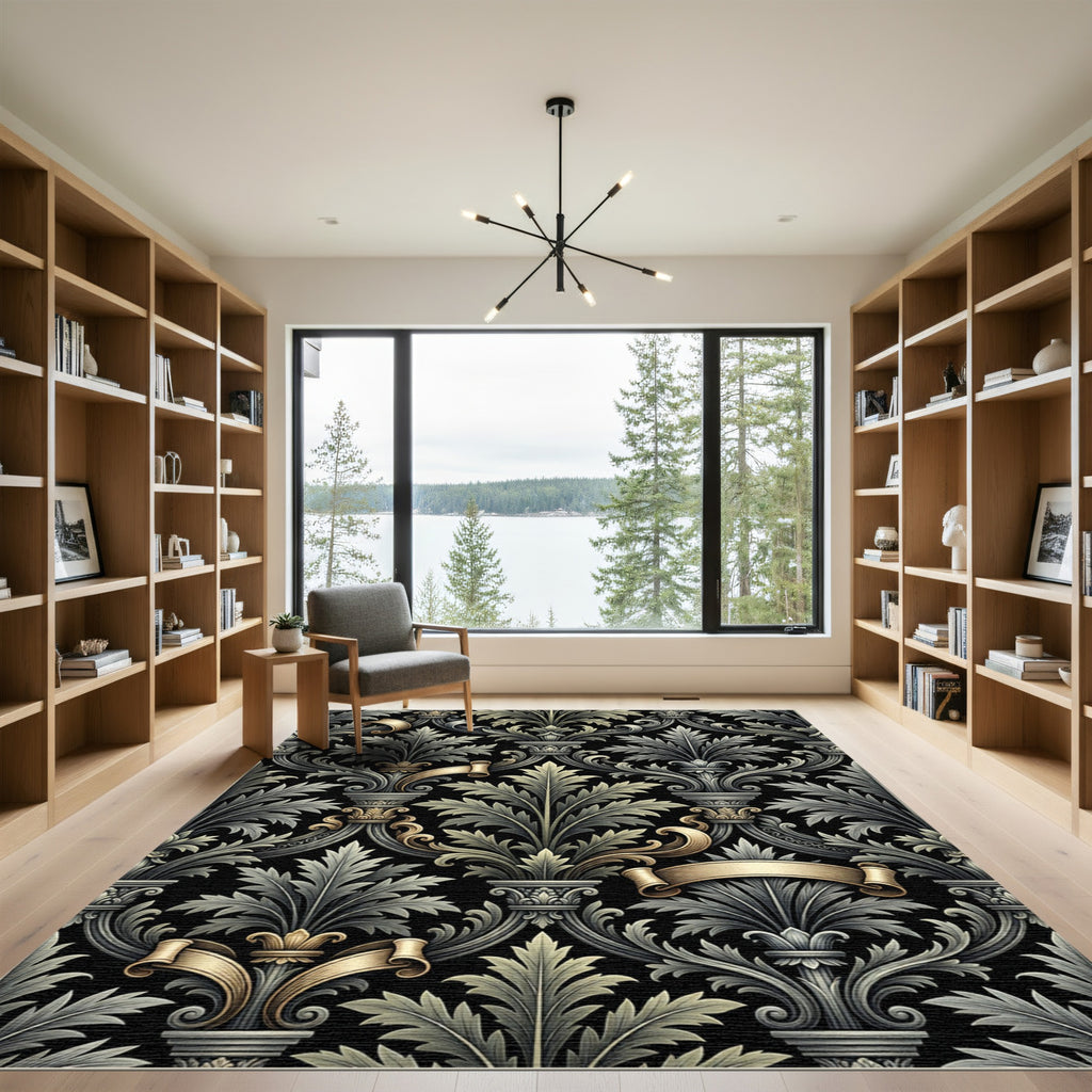 Ornate Charcoal Gold Acanthus Scroll Rug