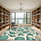 Coastal Teal Seashell and Starfish Illustration Rug