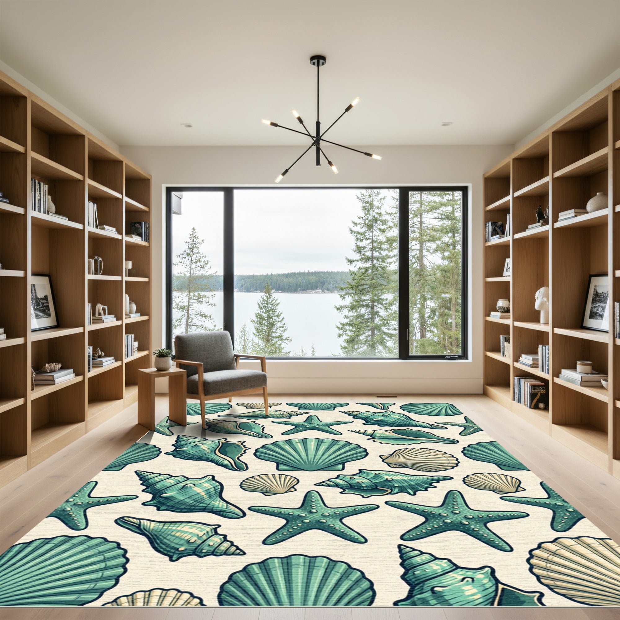 Coastal Teal Seashell and Starfish Illustration Rug