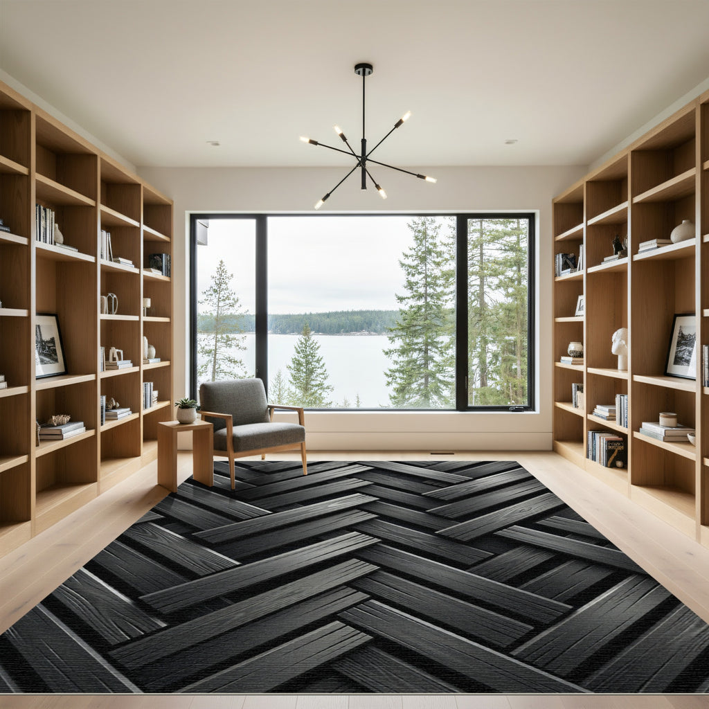 Monochromatic Charcoal Herringbone Slatted Plank Rug